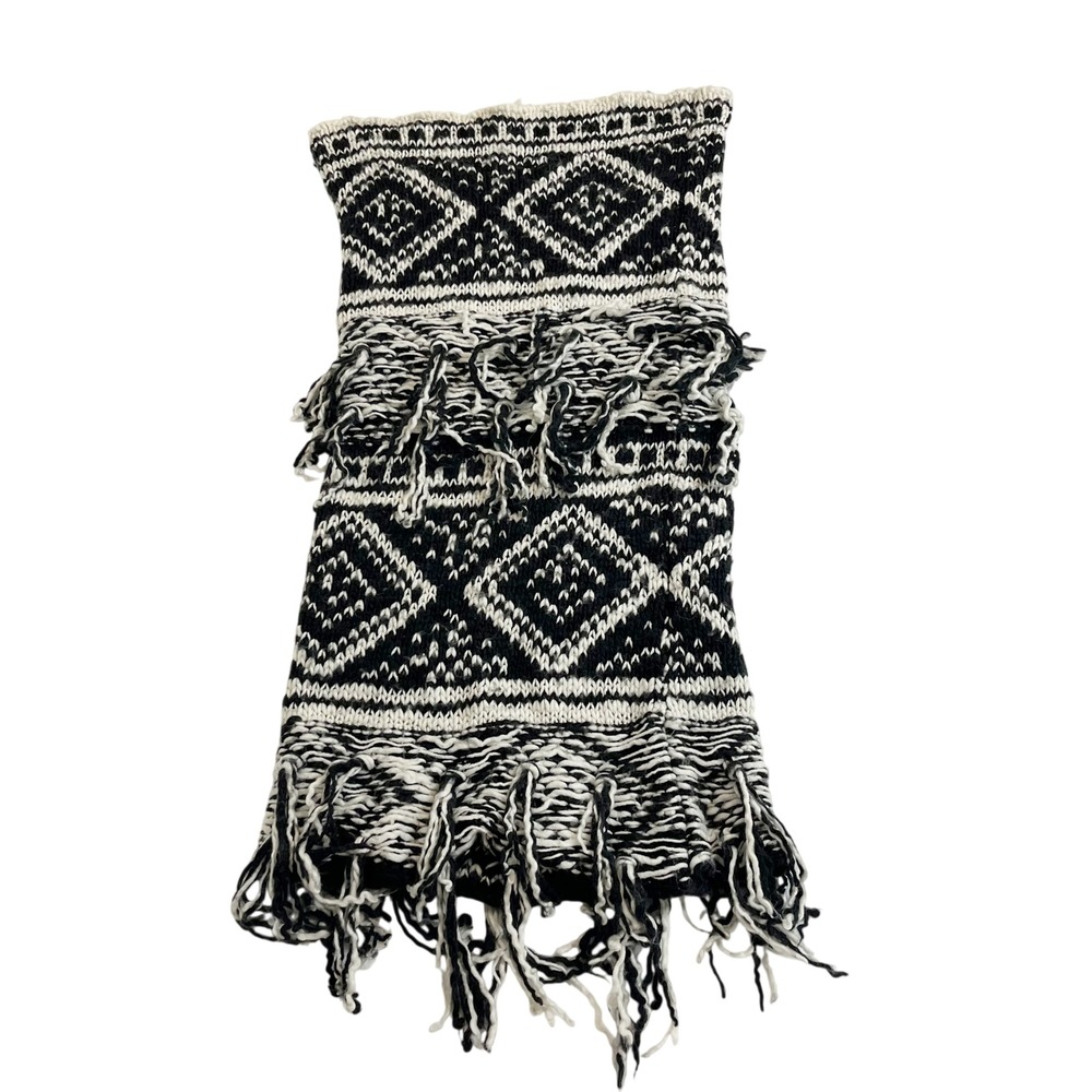 Free People Black White Geometric Diamond Chunky Knit Fringe Scarf Boho One Size